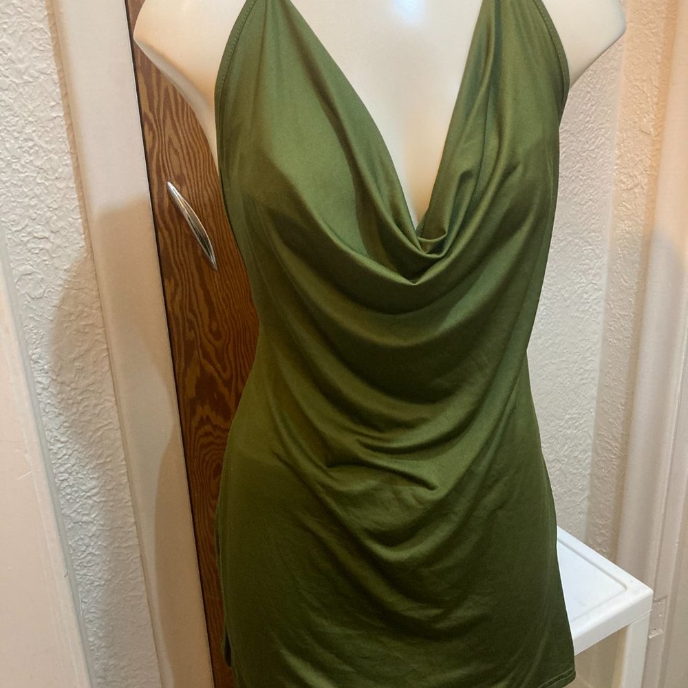 Army Green Deep V-neck Sexy Spaghetti Strap Halter Dress Backless - Picture 2 of 5